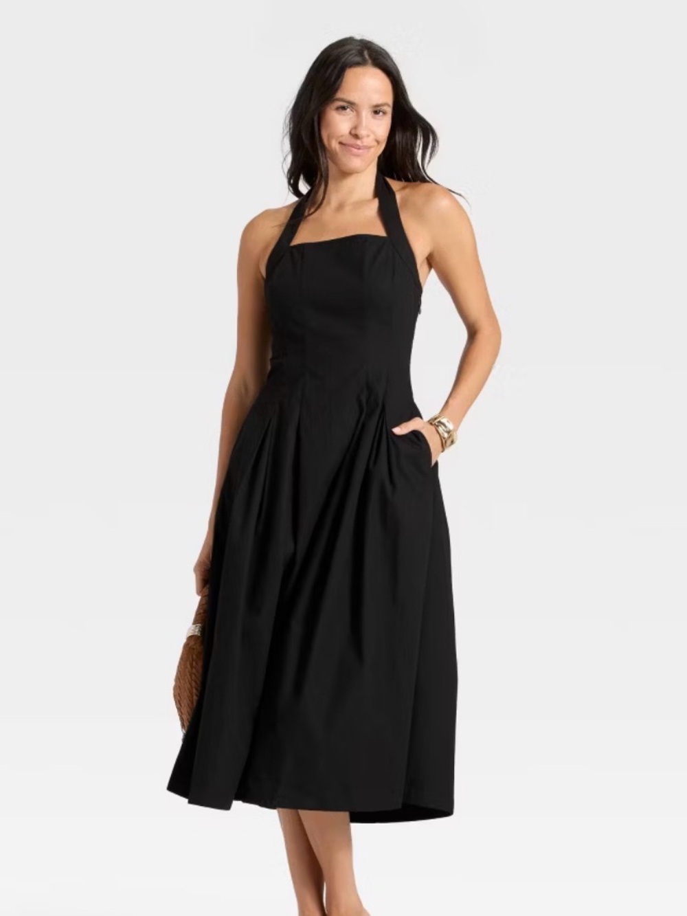 a new day Black Halter Midi Dress with Pleated Skirt